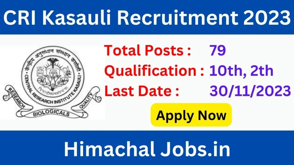 CRI Kasauli Technician and Attendants Recruitment 2023 Notification out for 79 Posts, Apply Now