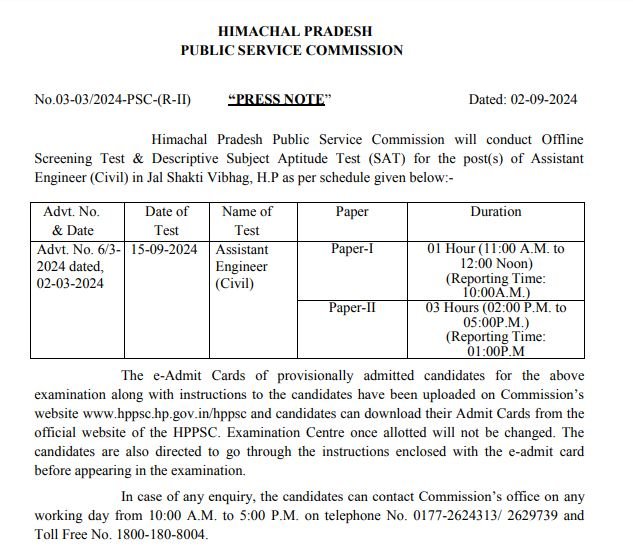 HPPSC Assistant Engineer (Civil) e-Admit Cards 2024