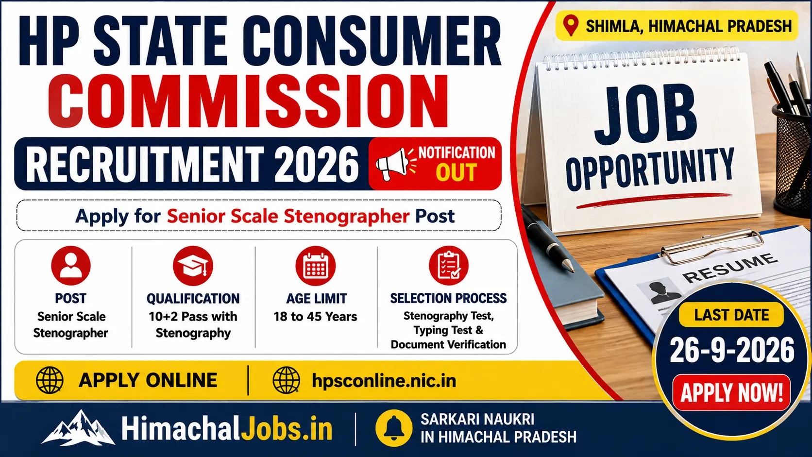 HP State Consumer Commission Recruitment 2026 Apply for Senior Scale Stenographer Post