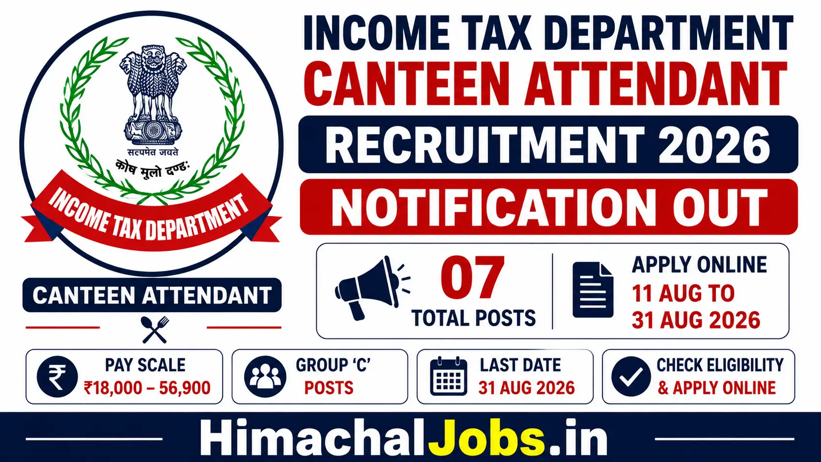 Income Tax Department Canteen Attendant Recruitment 2026